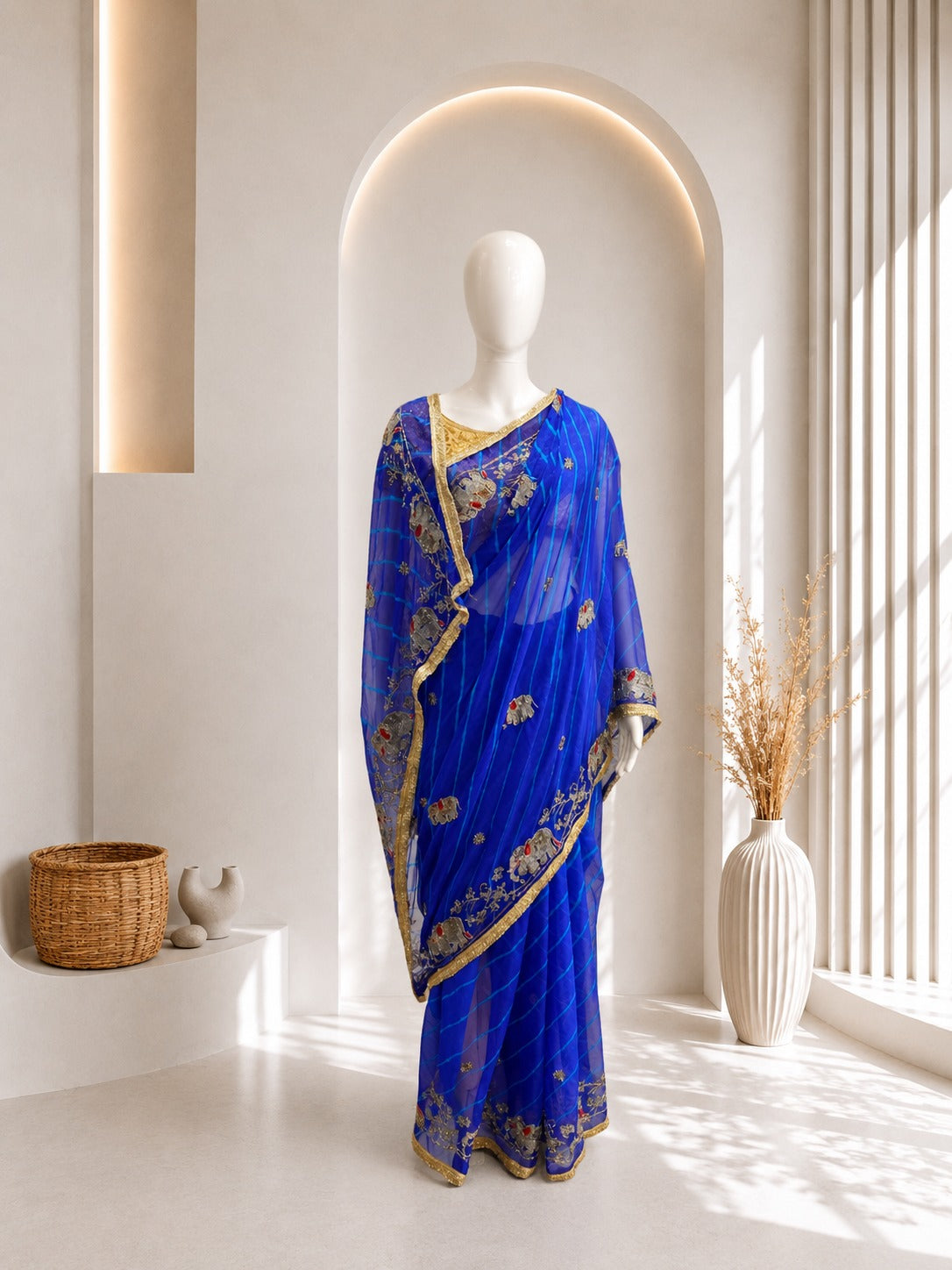 Elegant Blue Elephant Leheriya Saree