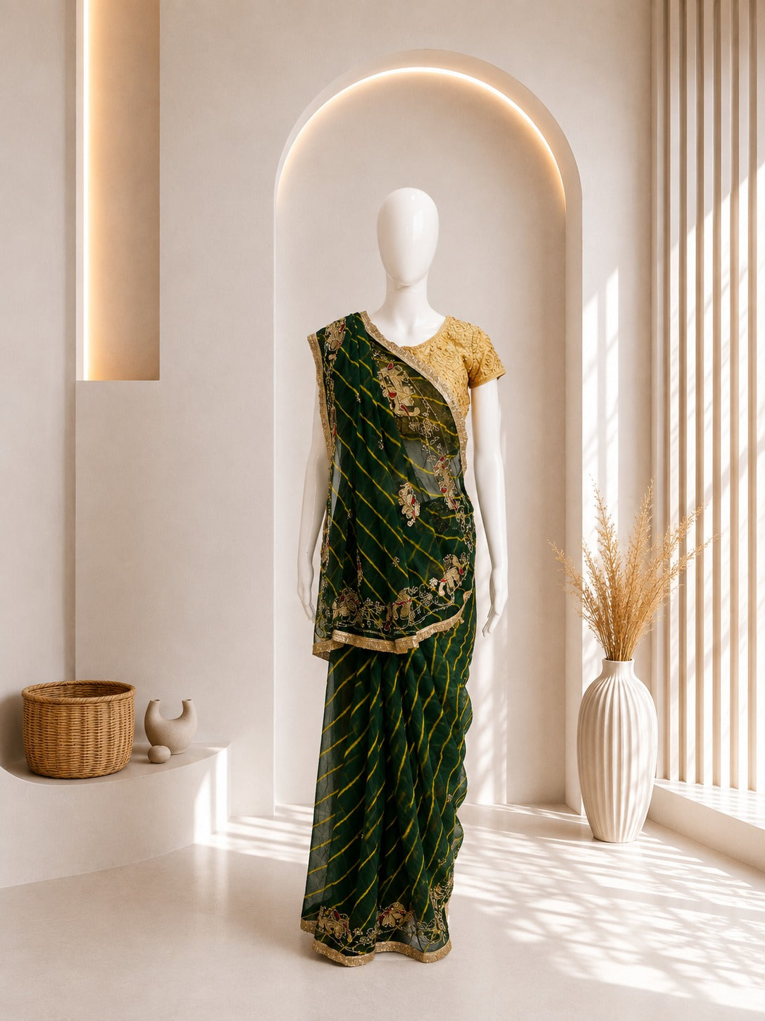 Elegant Green Elephant Leheriya Saree