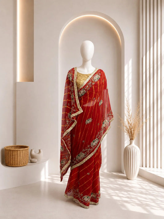 Red Elephant Leheriya Saree