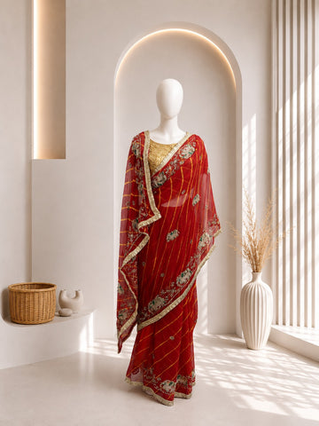 Elegant Red  Elephant Leheriya Saree