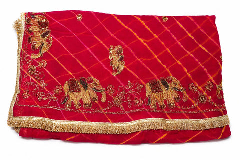 Red Elephant Leheriya Saree