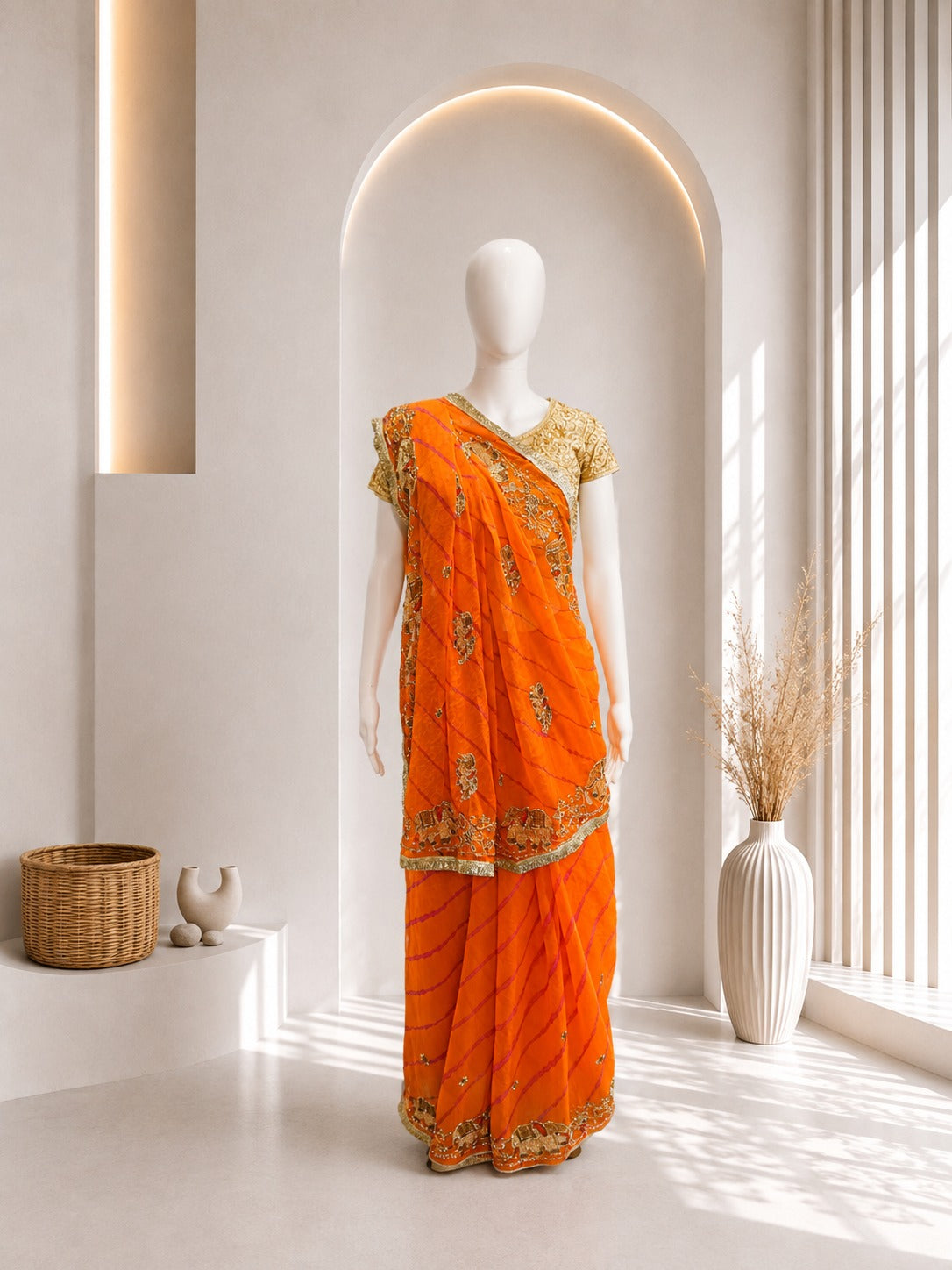 Elegant Yellow Elephant Leheriya Saree