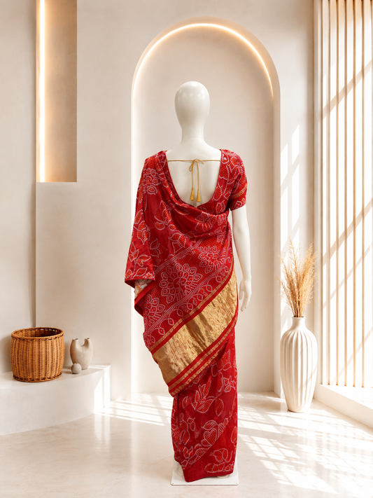Red Dola Silk Bandhani saree