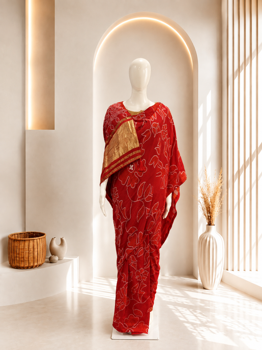 Red Dola Silk Bandhani saree