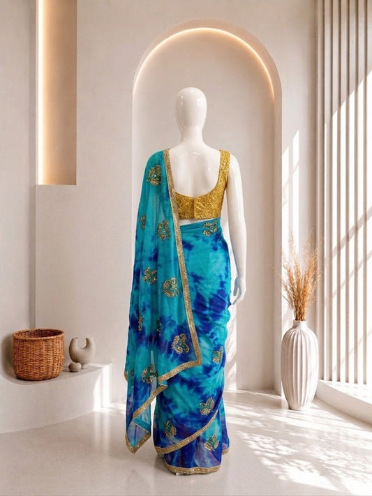 Elegant Blue Tie & Dye Saree