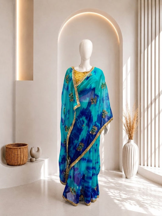 Elegant Blue Tie & Dye Saree