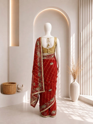 Elegant Red  Elephant Leheriya Saree