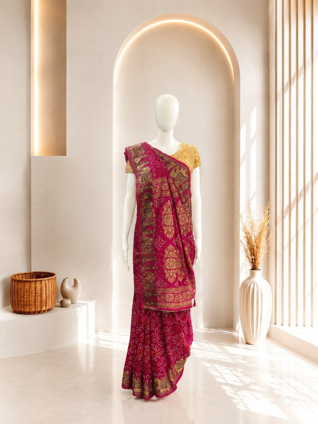 Jacquard Bandhni Rani Sarees
