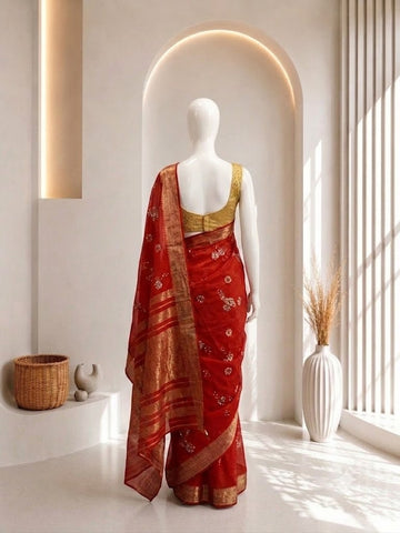 Elegant Red Peacock Design Saree