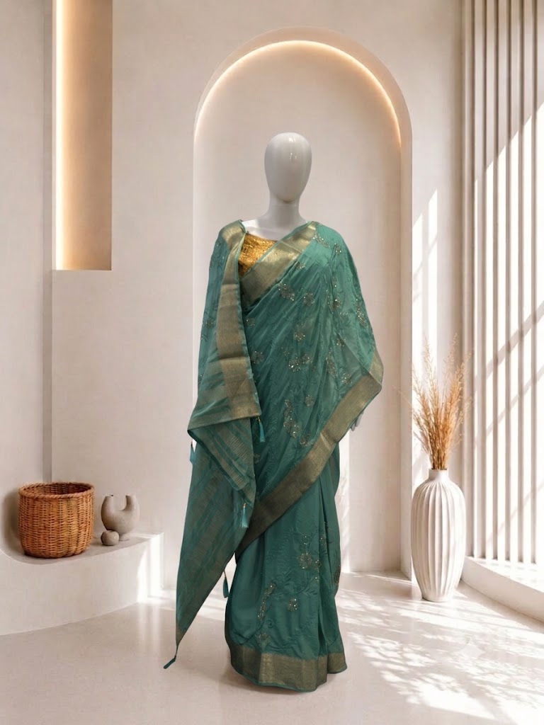 Elegant Sea Green Peacock Design Saree