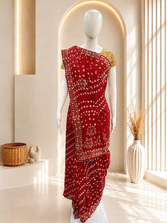 Silk Bandhej  Red color Saree